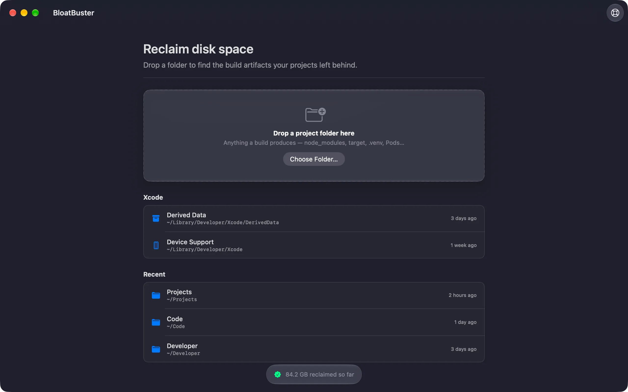 The BloatBuster home screen: a drop zone reading 'Drop a project folder here', a Choose Folder button, an Xcode section listing Derived Data, a list of recently scanned workspaces, and a running total of space reclaimed so far.