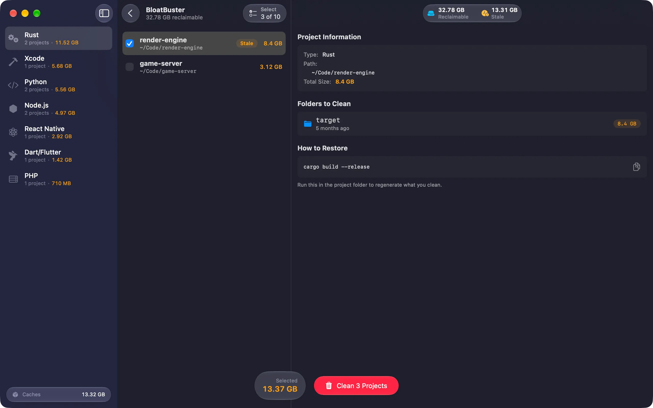 The BloatBuster Mac window: a sidebar of project types with their reclaimable totals, the projects of the selected type in the middle, and a detail pane showing the folders to clean and the command that rebuilds them.